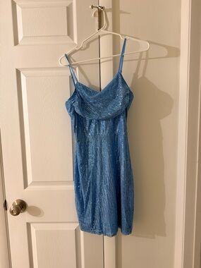 Blue Sequin Cowl Neck Slip Dress